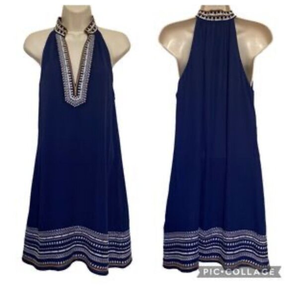 THML Dress Navy Blue S Small A Line Embroidered V Neck Sleeveless Summer - Picture 2 of 8